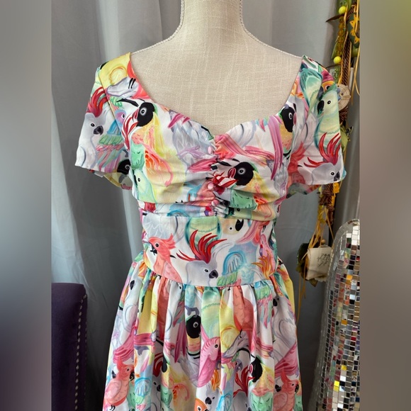 ❌SOLD❌UNIQUE VINTAGE MODCLOTH XL PARROT TROPICAL BIRD SWING DRESS SWEETHEART - Picture 4 of 9